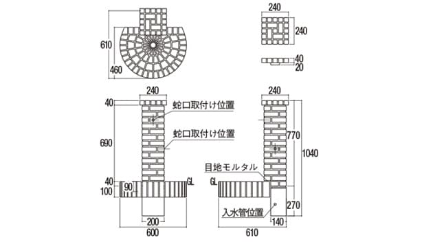 オアシスシリーズ/ウォールタイプ/ブリックタイプ/リバーストーン-寸法図-ブリック地中埋設