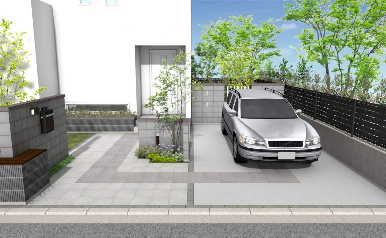 シンメトリーデザインの駐車場アプローチ