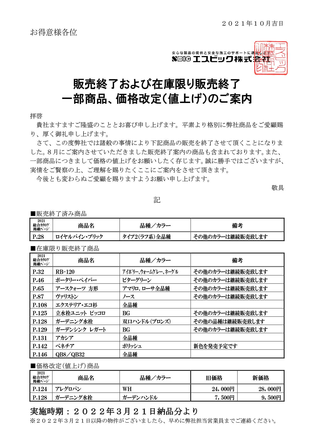 販売終了および在庫限り販売終了、一部商品価格改定のご案内