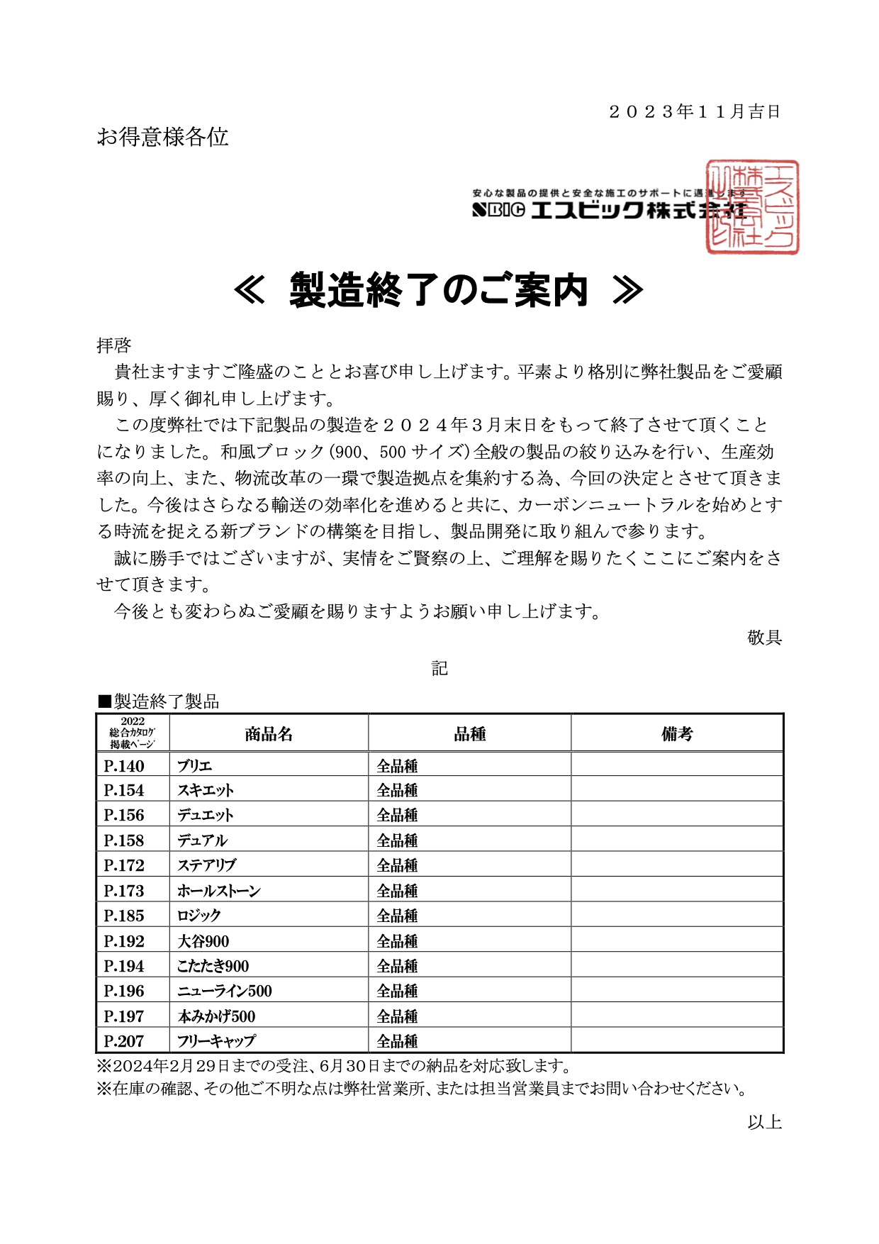 製造終了のご案内