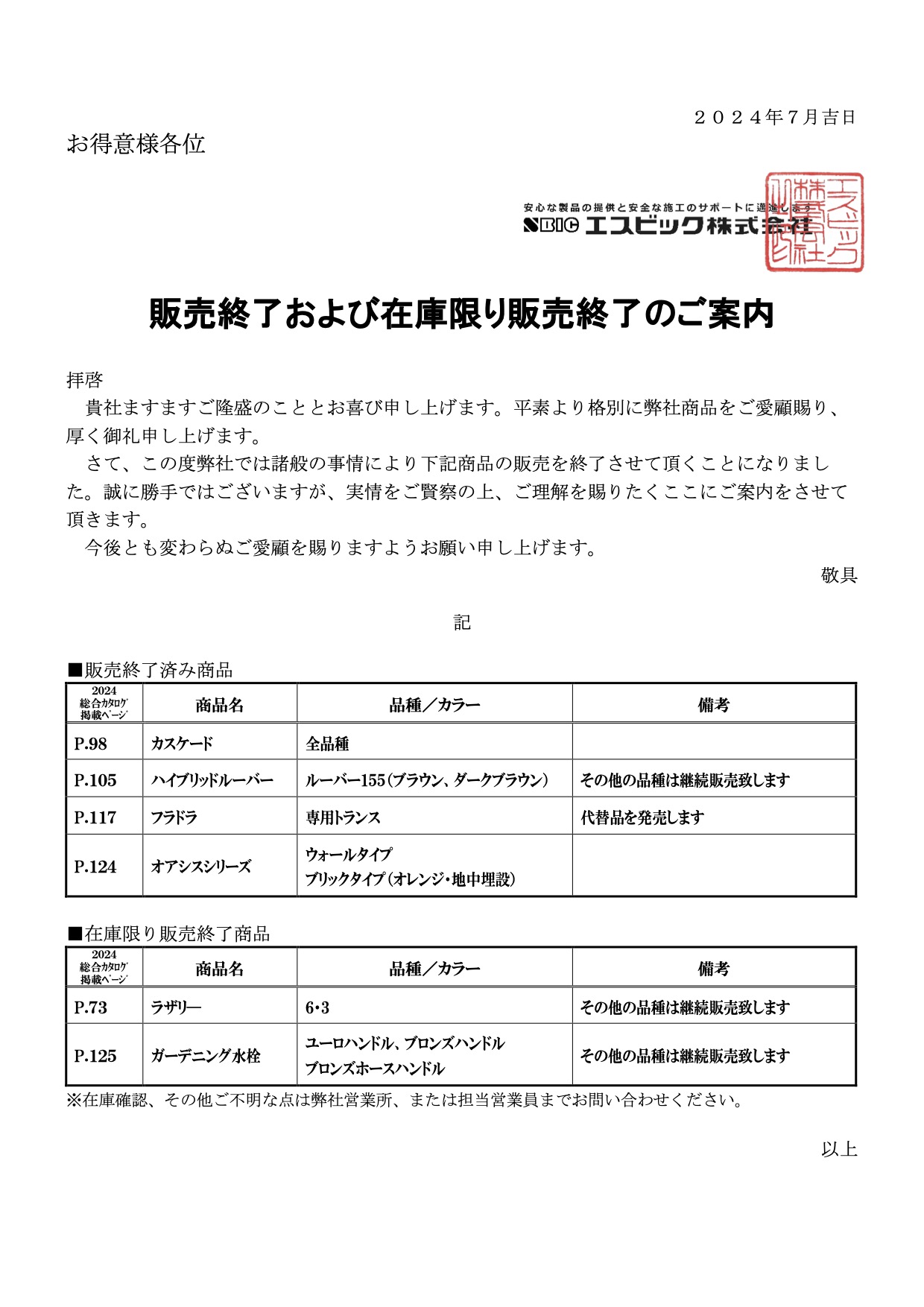 販売終了および在庫限り販売終了のご案内
