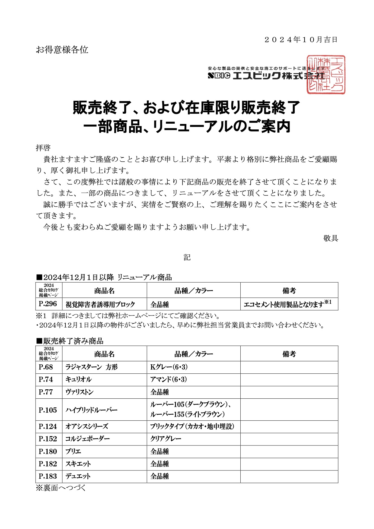 販売終了および在庫限り販売終了、リニューアルのご案内