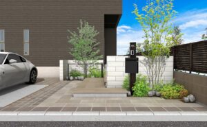 白い門塀を基調とした落ち着いた雰囲気のアプローチ02